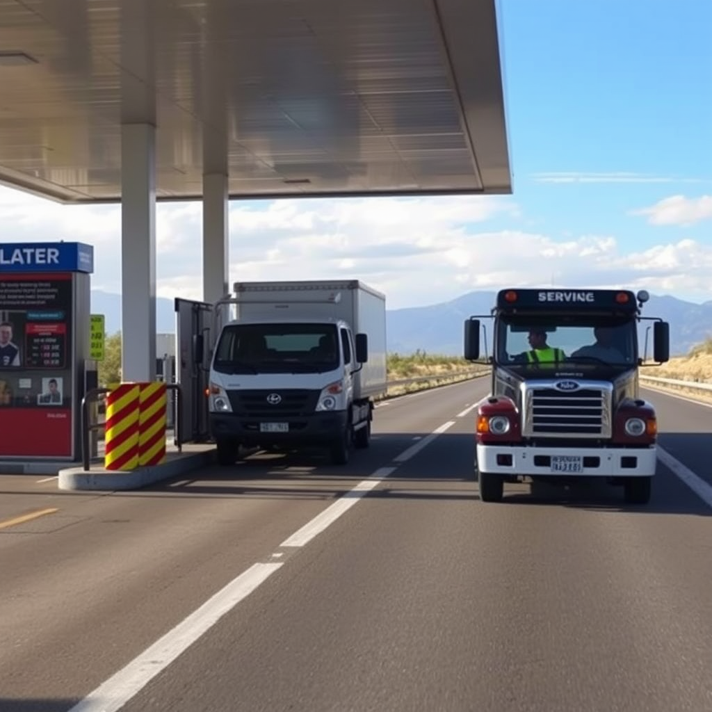 Estación de servicio en autopista argentina con medidas de seguridad, vehículo posicionado correctamente y conductor siguiendo protocolos de seguridad durante la carga de combustible