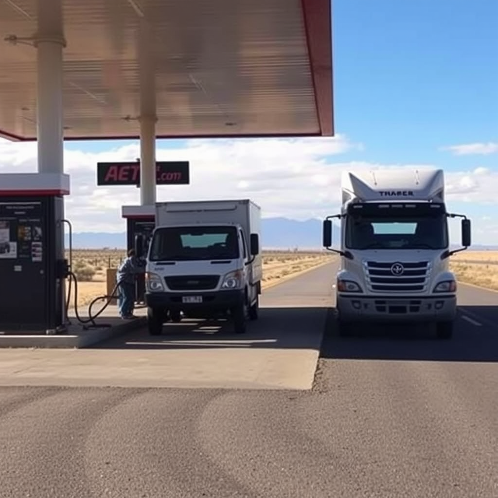 Estación de servicio en autopista argentina con vehículo posicionado de forma segura, mostrando protocolos de seguridad durante la carga de combustible en una ruta remota
