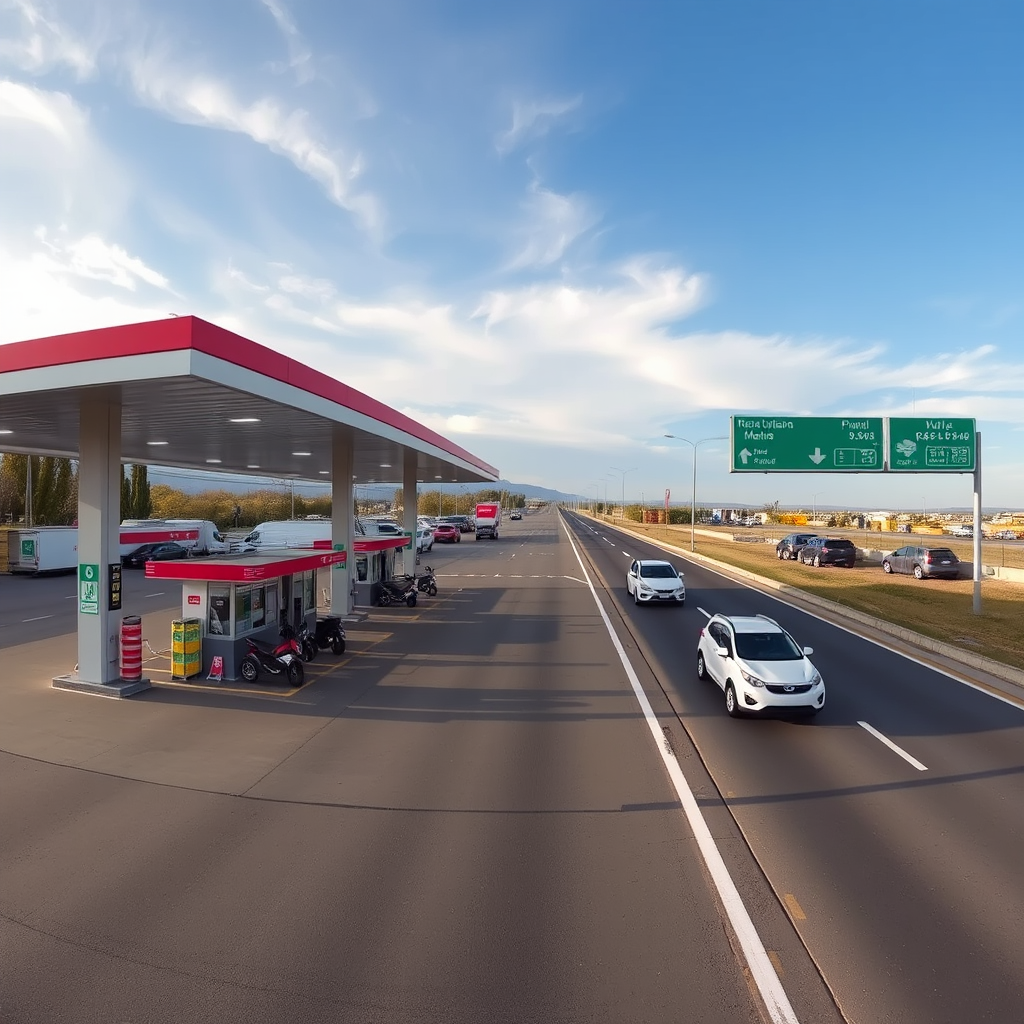 Vista panorámica de una estación de servicio moderna en una carretera argentina con vehículos estacionados de forma segura, señalización clara y medidas de seguridad visibles durante el día