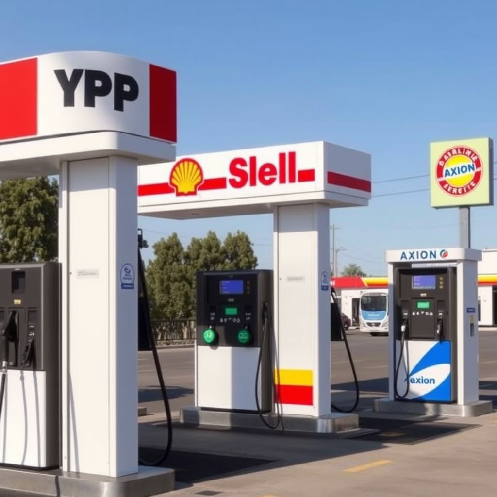 Estaciones de servicio de las principales marcas argentinas YPF, Shell y Axion mostrando surtidores modernos de combustible con diferentes tipos de nafta y gasoil