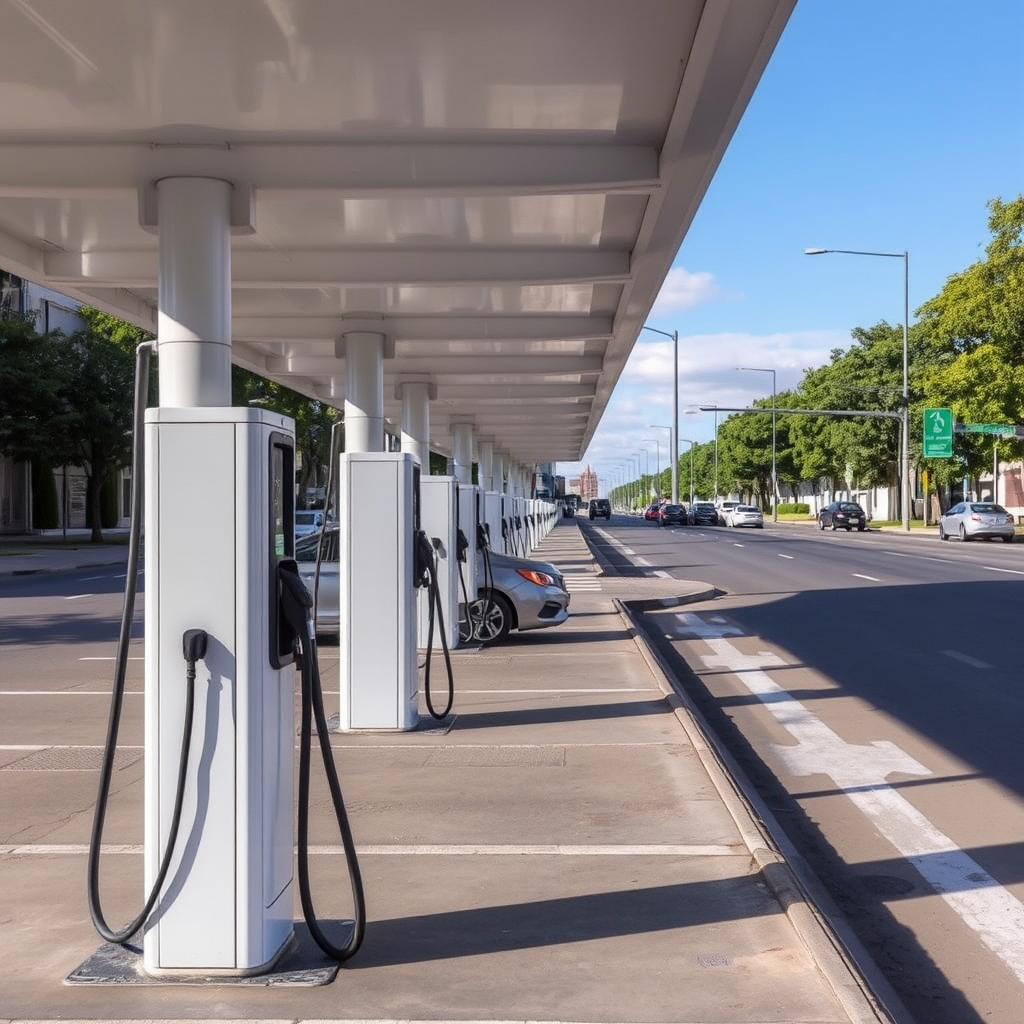 Estación de carga eléctrica moderna en Buenos Aires con múltiples puntos de carga para vehículos eléctricos, mostrando la infraestructura urbana de movilidad sostenible