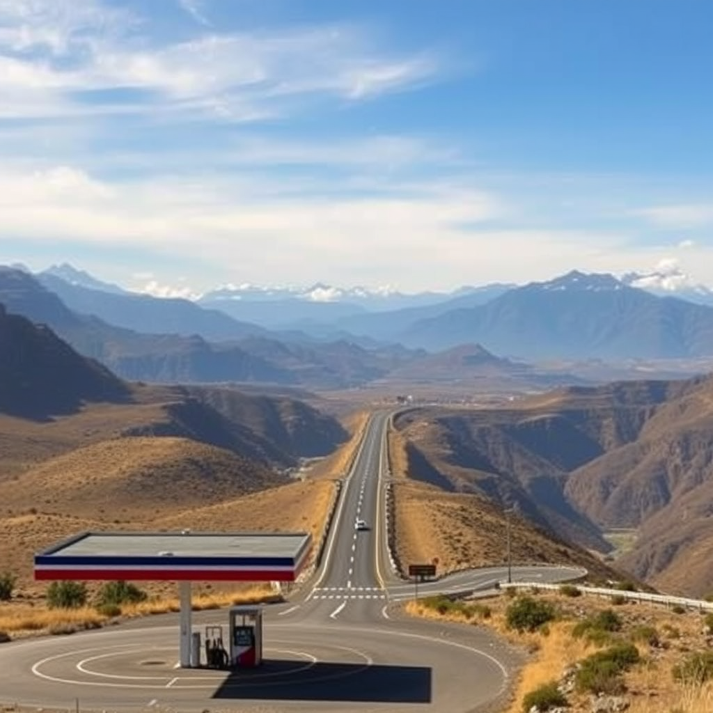 Vista panorámica de la Ruta 40 argentina atravesando paisajes montañosos con una estación de servicio en primer plano