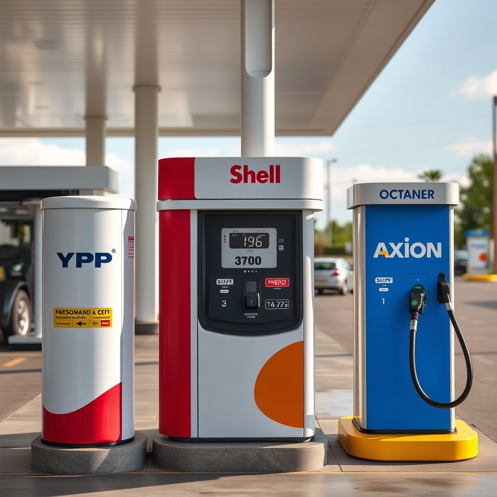 Comparación visual de diferentes marcas de combustible argentinas incluyendo YPF, Shell y Axion, mostrando análisis de calidad y octanaje en una estación de servicio moderna