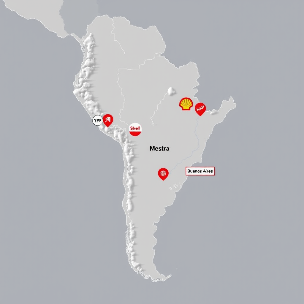 Mapa de Argentina mostrando la distribución geográfica de estaciones de servicio YPF, Shell y Axion desde Buenos Aires hasta las provincias más remotas