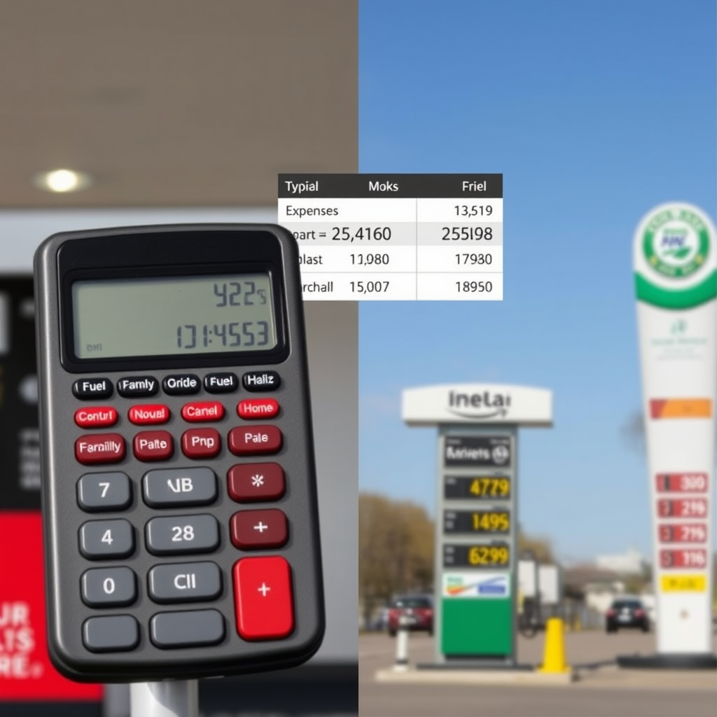 Calculadora digital mostrando cálculos de presupuesto familiar para combustible junto a gráficos de gastos mensuales y una estación de servicio argentina típica con precios visibles