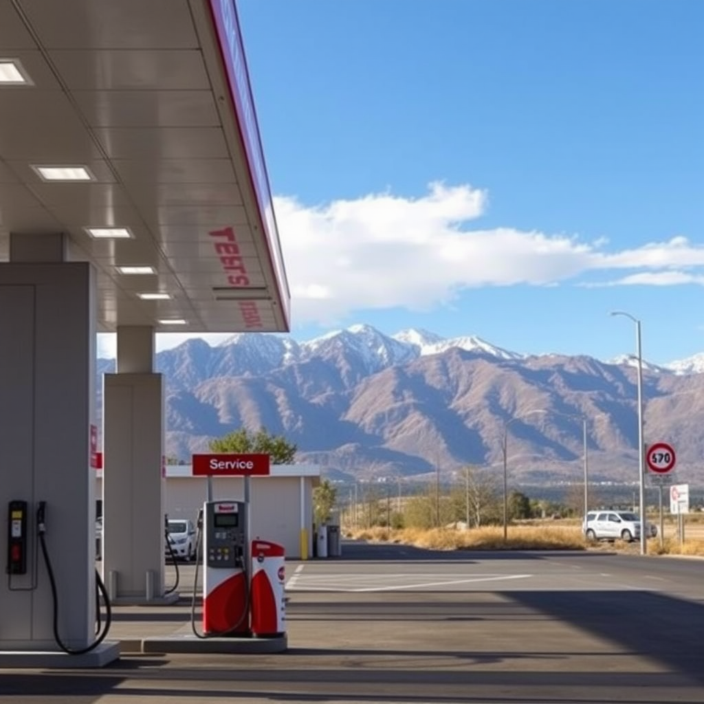 Estación de servicio moderna en Mendoza con vista a los Andes, mostrando surtidores de combustible y una tienda de conveniencia