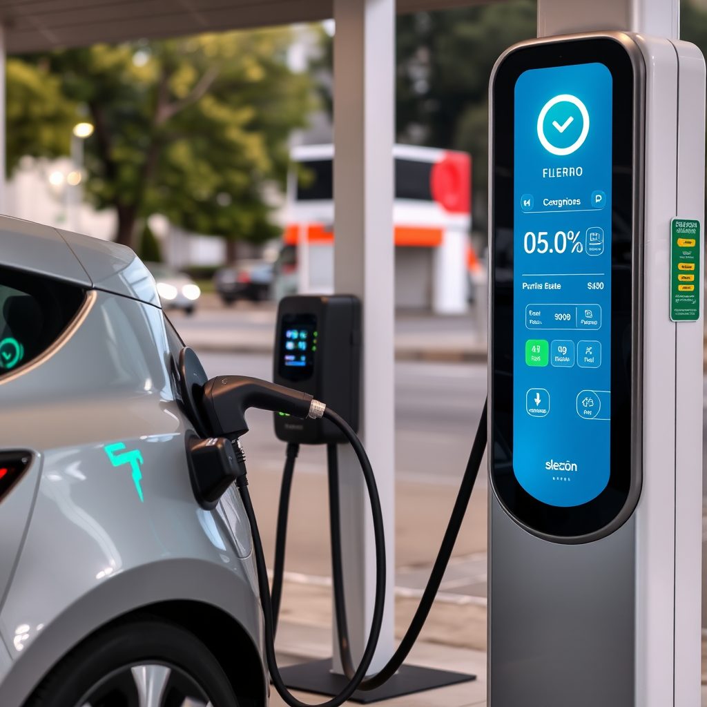 Estación de carga para vehículos eléctricos en Buenos Aires con automóvil eléctrico conectado, pantalla digital mostrando velocidad de carga y métodos de pago disponibles en una estación de servicio moderna