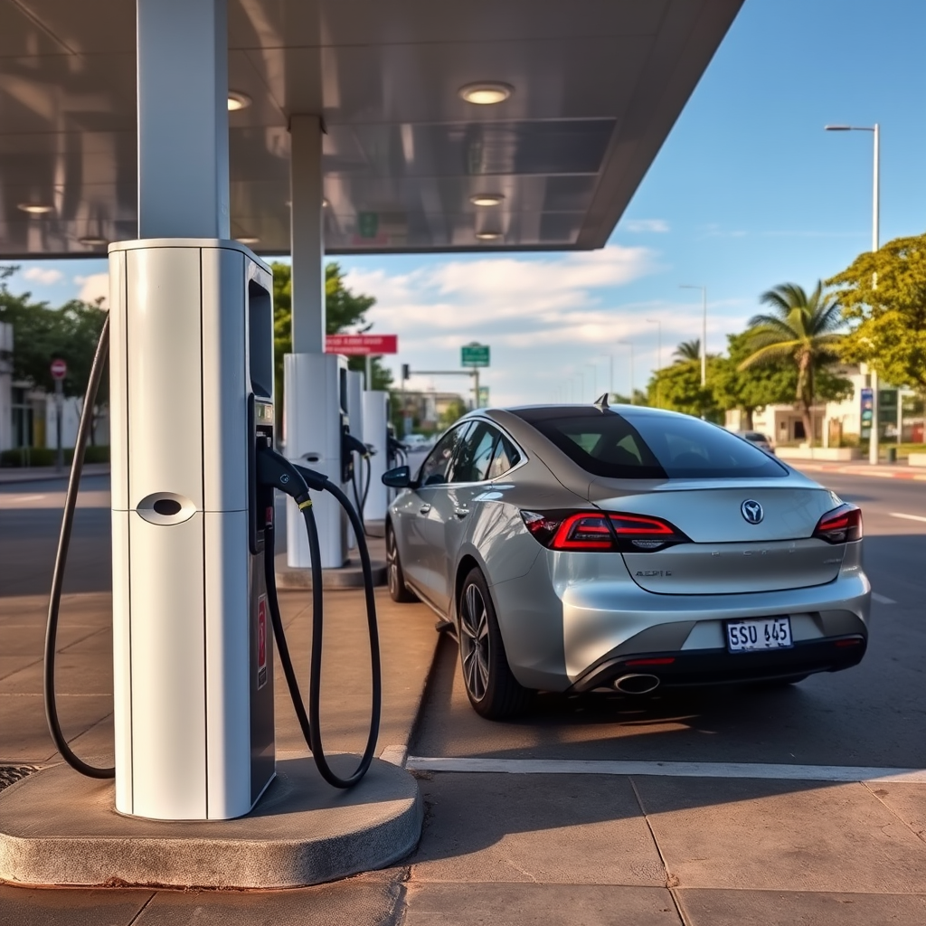 Estación de carga para vehículos eléctricos en Buenos Aires con un auto eléctrico conectado, mostrando infraestructura moderna de EV charging station en una estación de servicio urbana