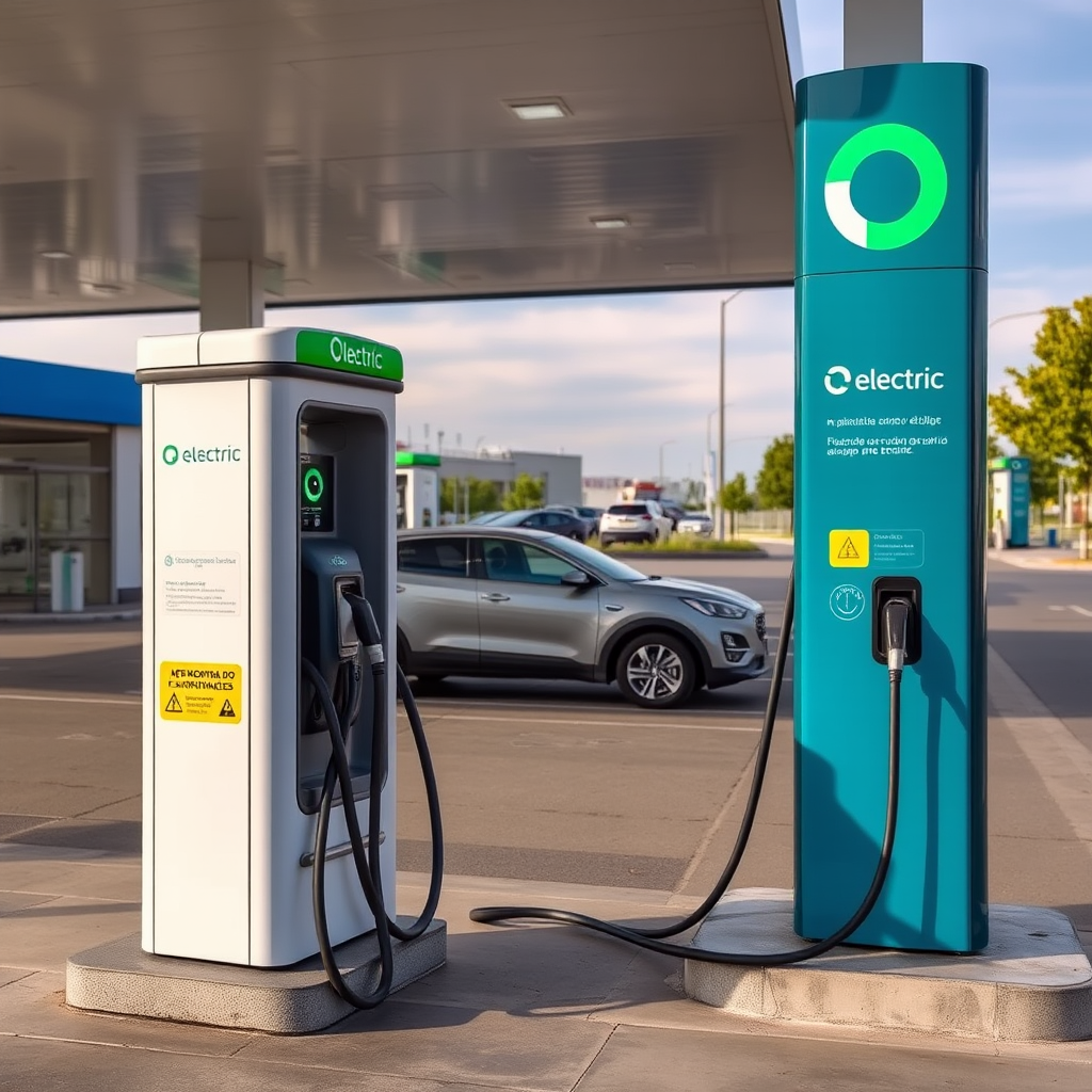 Estación de carga para vehículos eléctricos en una moderna gas station argentina, mostrando las medidas de seguridad específicas para usuarios de autos eléctricos