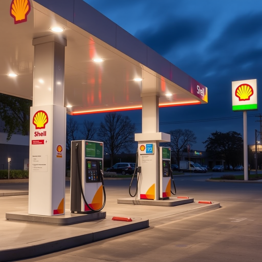 Estación de servicio Shell moderna con surtidores V-Power, tecnología avanzada de combustible y sistema de pago digital
