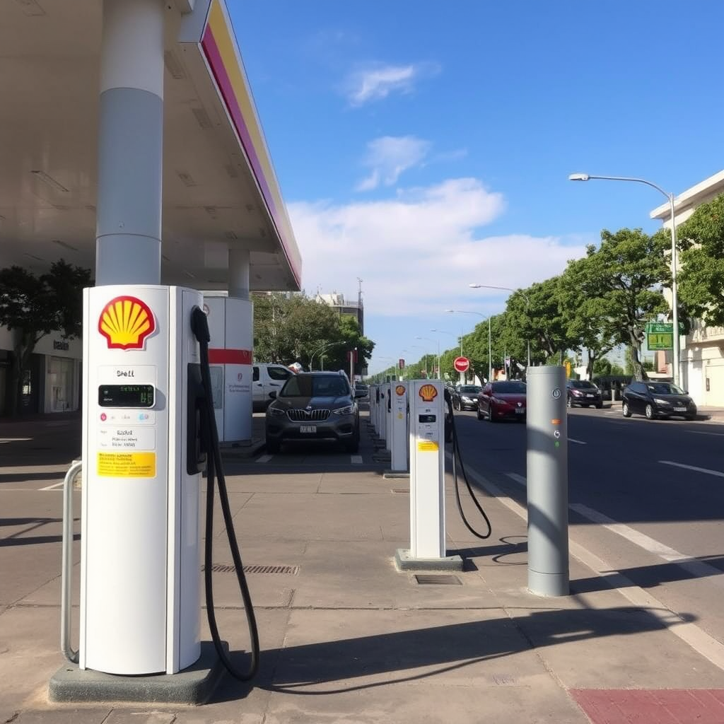 Estación Shell en San Telmo equipada con modernos puntos de carga eléctrica, demostrando la expansión de la infraestructura de movilidad eléctrica en Buenos Aires