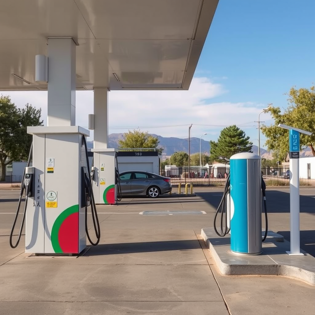 Estación de servicio moderna en Argentina equipada con surtidores tradicionales de combustible y estaciones de carga para vehículos eléctricos, mostrando la transición energética del país