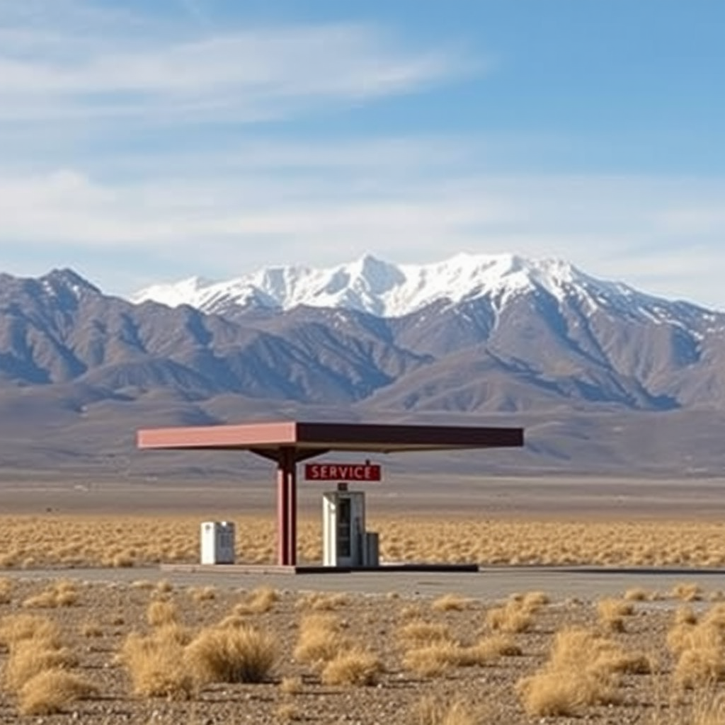 Estación de servicio aislada en la Patagonia argentina con paisaje de estepa y montañas nevadas al fondo, mostrando la soledad y belleza del lugar