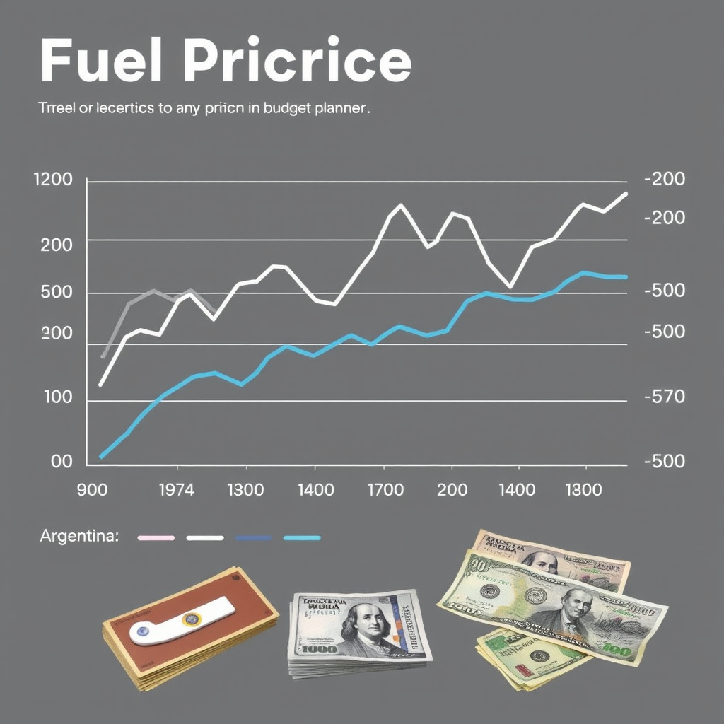 Gráfico de tendencias de precios de combustible en Argentina mostrando fluctuaciones estacionales y variaciones regionales, con calculadora y billetes argentinos representando planificación presupuestaria