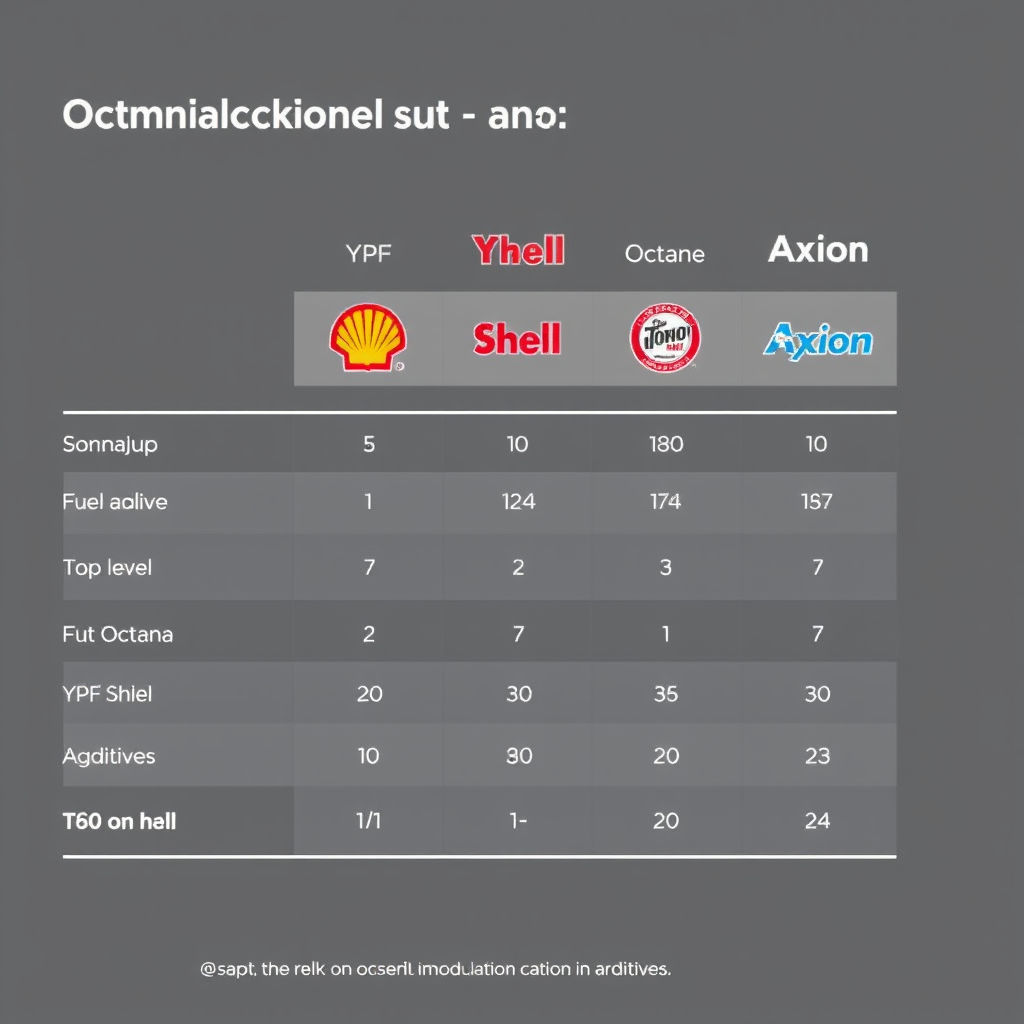 Gráfico comparativo mostrando los niveles de octanaje y aditivos de los combustibles de YPF, Shell y Axion en Argentina