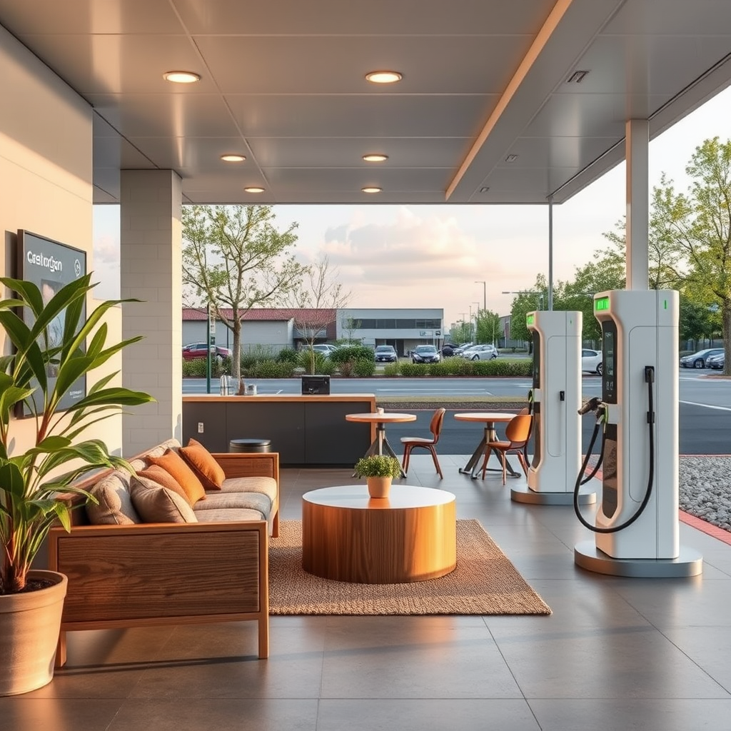 Área de descanso moderna en estación de carga eléctrica con asientos cómodos, WiFi y servicios de cafetería para conductores de vehículos eléctricos
