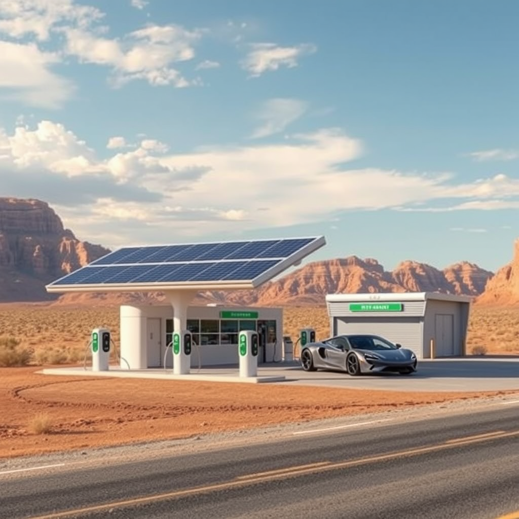 Estación de servicio futurista con paneles solares y múltiples puntos de carga para vehículos eléctricos en el paisaje árido de la Ruta 40
