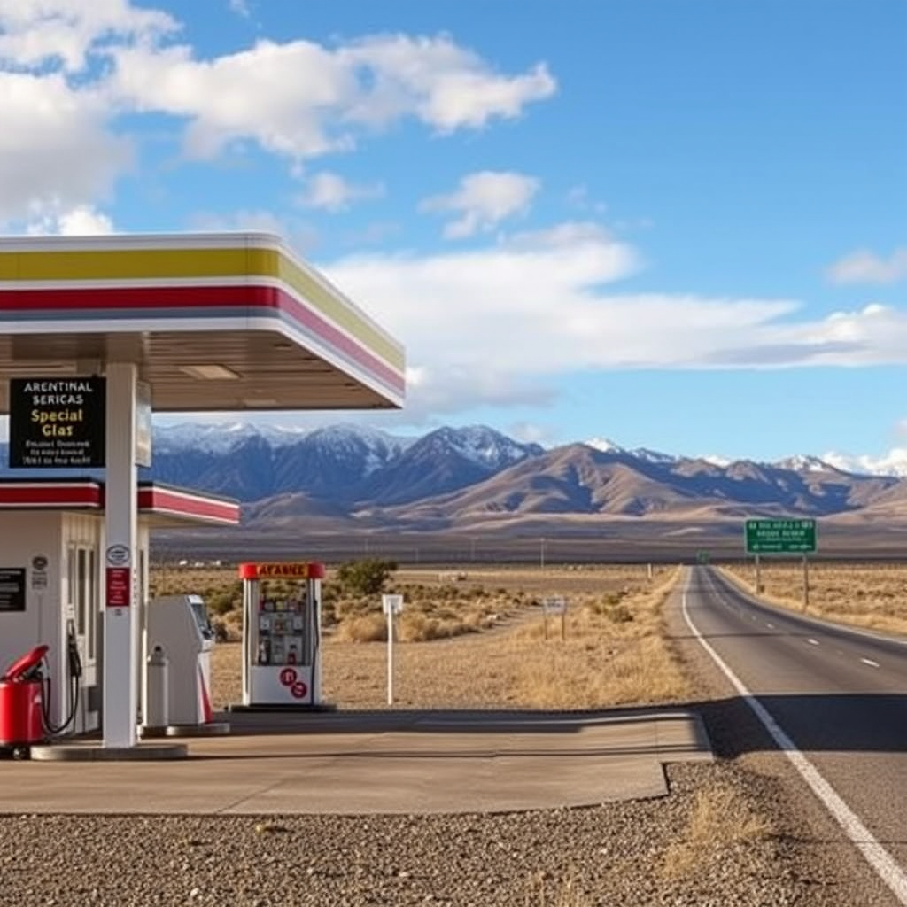Estación de servicio pintoresca a lo largo de la Ruta 40 argentina con paisaje patagónico de fondo, mostrando una gas station única con servicios especiales y ambiente local característico